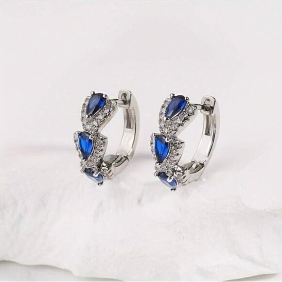 Sapphire Blue Crystal Hoop Earrings - Picture 3 of 4